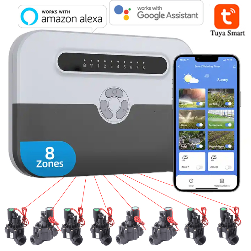 Smart Garden At Home - ตัวควบคุมสปริงเกอร์อัจฉริยะในอาคารแบบ WiFi 8 สถานี และระบบวาล์วโซลินอยด์สำหรับการชลประทาน ควบคุมระยะไกลผ่านโทรศัพท์